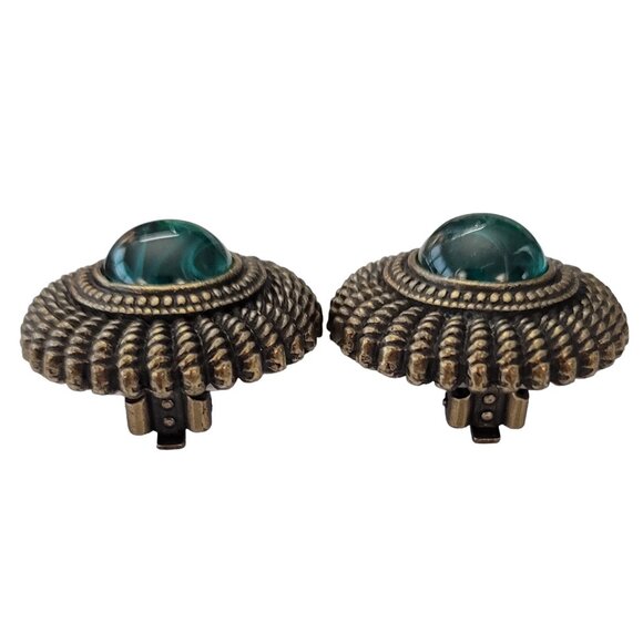 Ben Amun Flawed Emerald Green Glass Cab Clip-On Earrings, Signed E639 - Picture 6 of 14